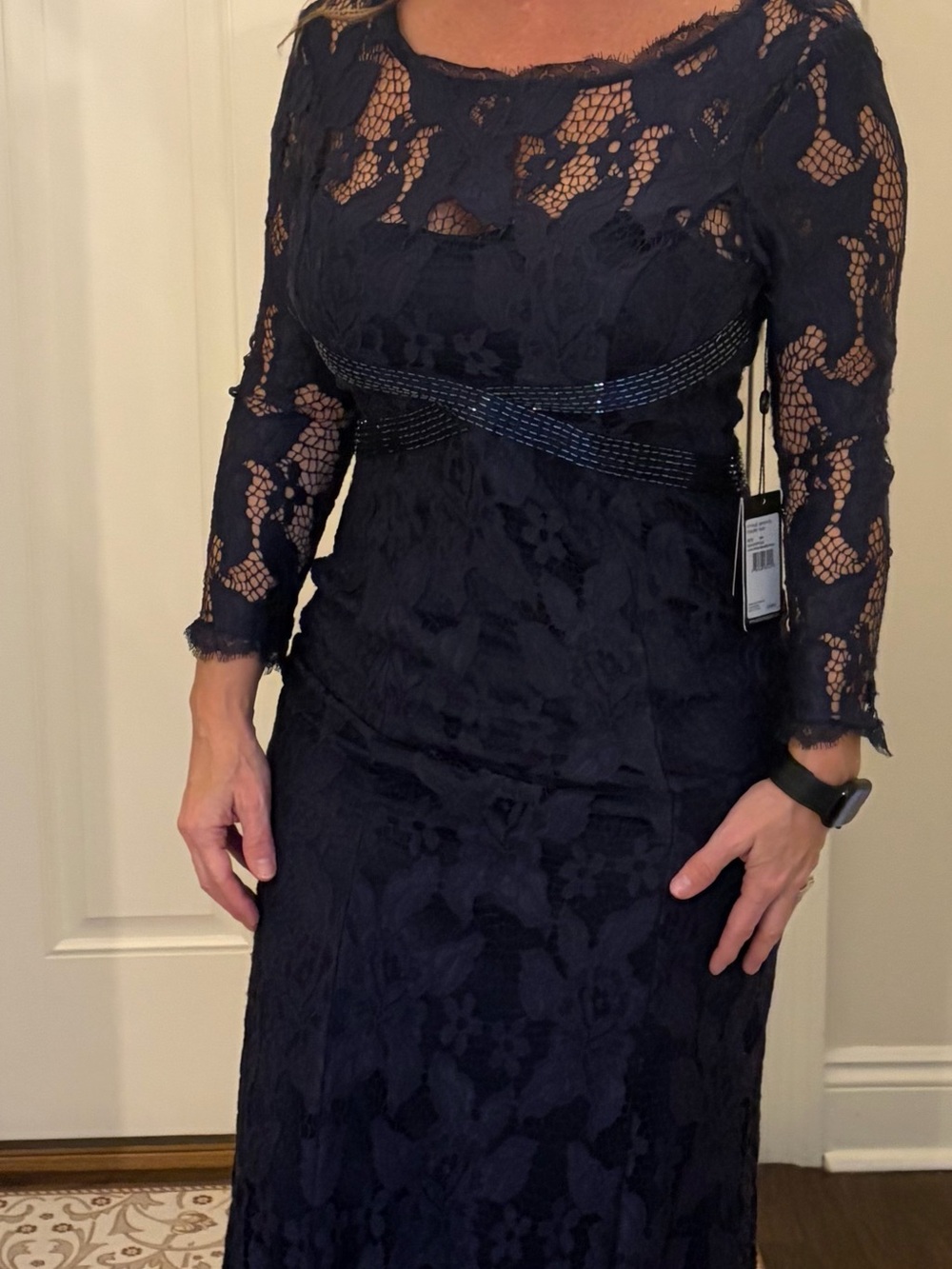 Adrianna Papell Midnight Navy Lace Long-Sleeve Gown